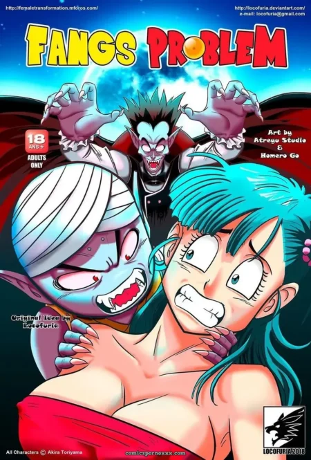 Vampire and mummy grope blue-haired woman's exposed breasts and nipples as she moans in red dress