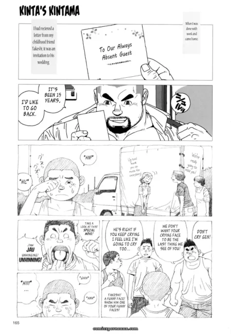 Kinta's huge testicles revealed as Jiraiya holds wedding invite amid crying manga characters and emotional dialogue.
