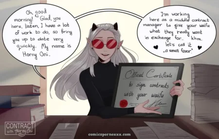 Horny Oni with silver hair, cat ears, red sunglasses holds certificate to sign waifu contracts for sexual favors.