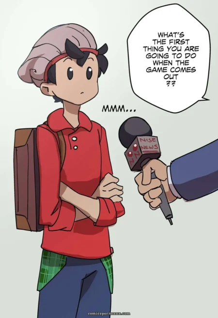 Red-shirted figure in green plaid shorts and blue pants grips microphone, craving fucking Pokémon on release day.