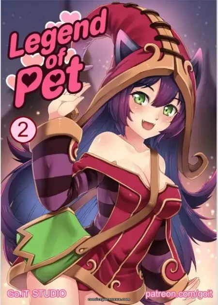 Red hooded outfit exposes ample cleavage on purple-haired cat-eared woman with green eyes and green pouch