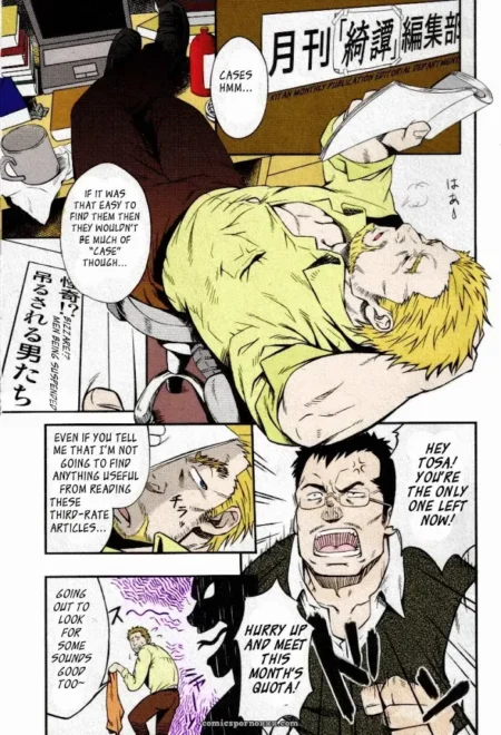 Man in yellow shirt reclines with open shirt, exposed chest, hand on crotch as colleague yells quotas, demanding sex now