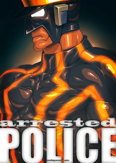 Muscular helmeted officer in skintight black-orange uniform with bulging chest and cock bulge straining fabric