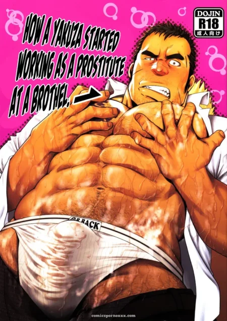 Yakuza pulls shirt open to expose muscular chest and white BLACK underwear-clad crotch against pink bubbles
