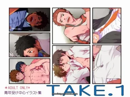 Two shirtless men with spiky brown and dark hair engage in explicit oral sex and kissing in anime panels