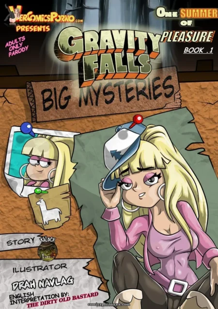 Blonde woman in pink top and cap adjusts hat exposing cleavage with explicit parody and goat on Gravity Falls cover