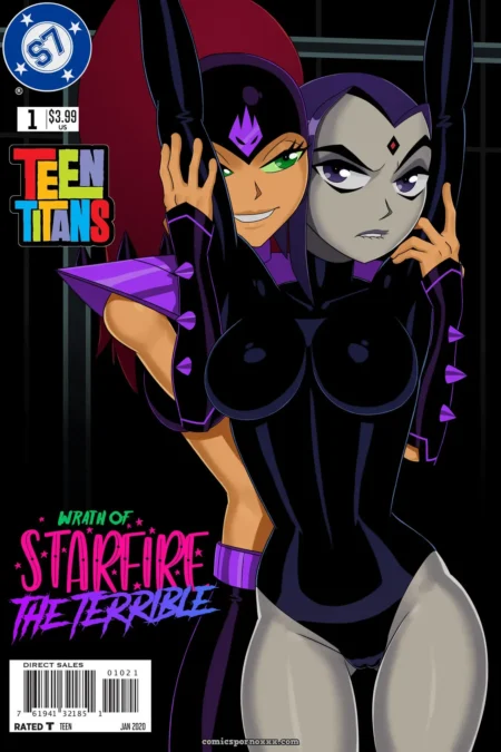 Starfire The Terrible in tight black suit, large tits straining, purple accents highlighting hard nipples and ass