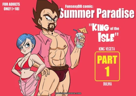 King Vegeta in unbuttoned pink shirt and speedo holds drink, Bulma in red bikini top and towel, Summer Paradise #1 NSFW