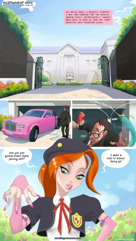Redhead in school uniform holds pink Rolls-Royce key while a man ejaculates near mansion gate, demanding a ride.