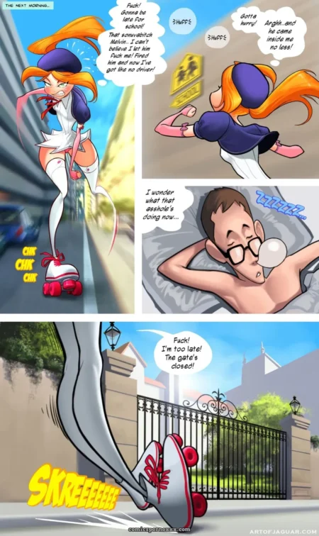 Orange-haired woman in tight white crop top rides red scooter, shouting late and getting wet from fucking