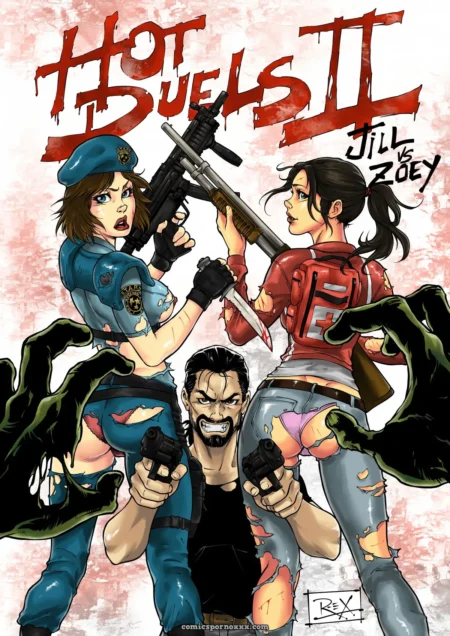 Jill's torn blue uniform exposes ass and thighs gripping rifle; Zoey's ripped jeans reveal ass while wielding knife amid zombie hands