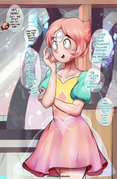 Pearl's tight yellow top strains over perky breasts, pink skirt lifted to expose wet pussy and ass.