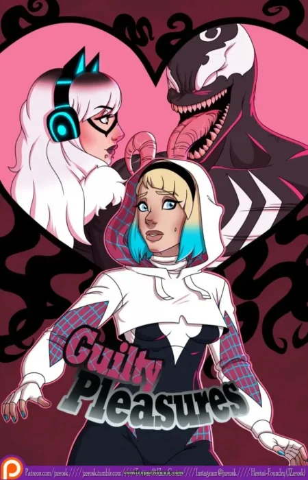 Venom's dripping tongue licks blue-haired woman's throat as white-haired woman grinds against symbiote in pink heart