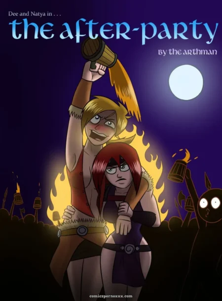 Dee’s loincloth bulges with hard cock as he lifts torch, Natya’s tight top reveals breasts, skirt hiked up amid flames.