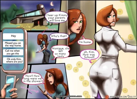 Red-haired woman in tight white dress bends, displaying plump ass, yellow wall, text messages, night house with moon.