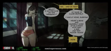 Claire Redfield in tight red 'ZOMBIE' panties and crop top leans against wall, speaking into walkie-talkie in dim room.