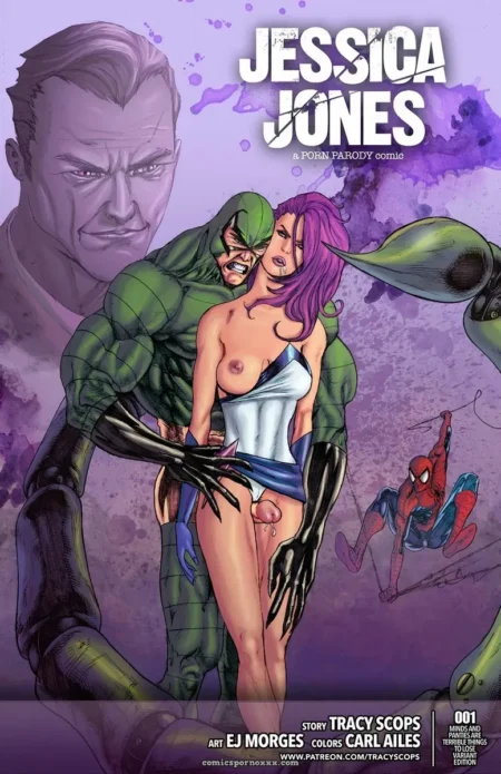 Jessica Jones' purple hair, white top ripped open, green-skinned man’s hand between her legs, exposed breast and pubic mound