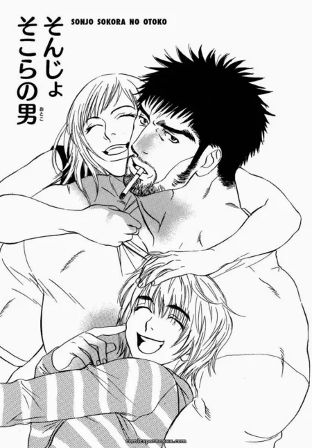 Shirtless spiky-haired man smokes as two people embrace him, one grinding his chest and another groping his ass