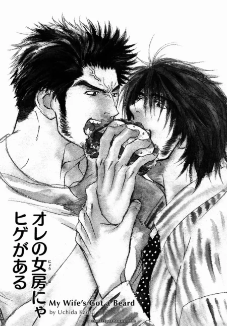 Bearded husband shoves food into his wife's open mouth, her lips wrapped around his fingers in a lewd feeding.