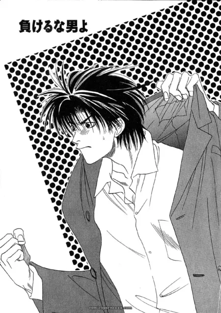 Spiky-haired man unbuttons shirt to expose bare chest while gripping open jacket, intense gaze on polka-dot background