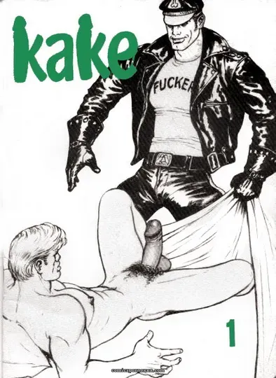 Uniformed man in leather jacket, cap and FUCKER shirt pulls sheet down, exposing prone man's erect cock with gloved hand
