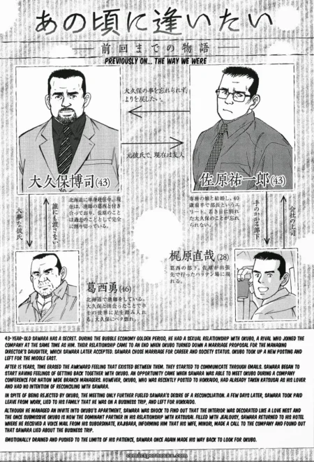 Two suited men depicted in manga panels with text describing explicit oral and anal sex in their sexual relationship