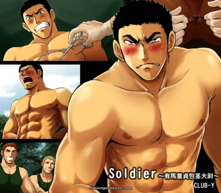 Muscular soldier blushes as scissors approach his erect nipple while other shirtless men stand close