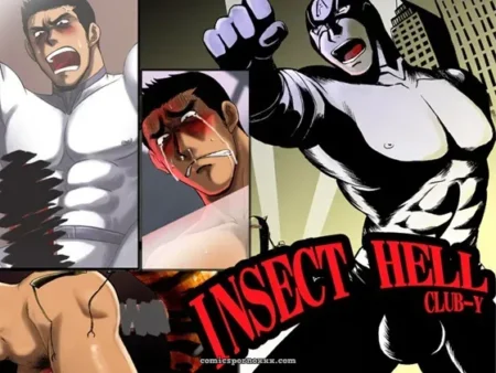 Muscular masked man thrusts, bloodied male with split face, nude male's bound back with ropes Insect Hell Club-Y