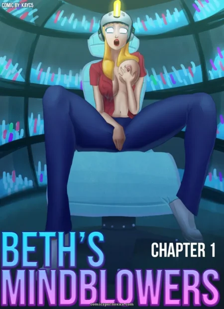Beth in red top and blue pants sits legs spread, holding breasts, mouth open, wearing glowing headpiece in futuristic room with neon lights.