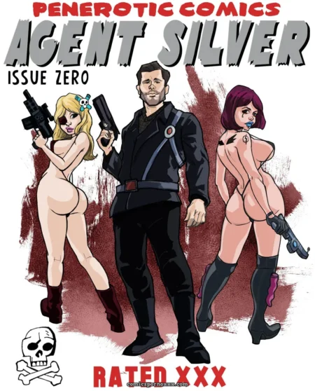 Nude blonde with blue bow holds gun, exposing breasts/pussy; purple-haired nude shows ass/breast with man, rated XXX