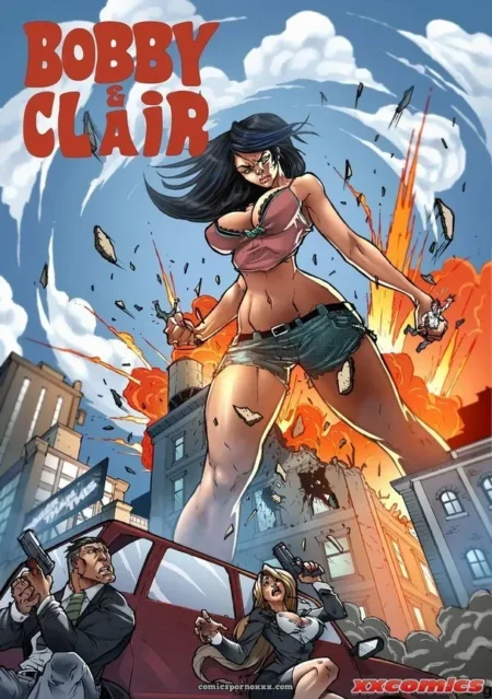Giant woman in torn pink top and denim shorts wields guns amid explosions, massive breasts and ripped clothing exposed in chaos.