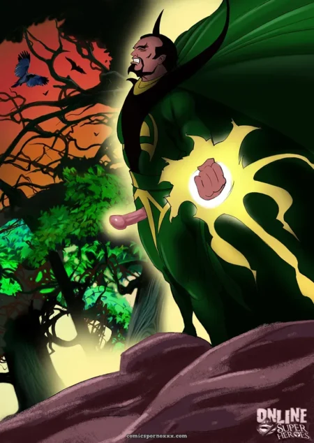 Green-cloaked hero with glowing fist stands as a large erect penis protrudes near him, crows fly in sunset trees.