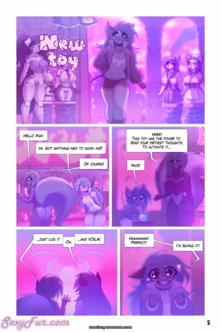 Anthro cat maid unveils a toy for dirty thoughts, characters licking cocks and fondling tails in purple comic panels