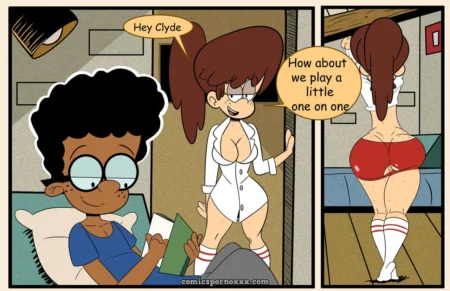 Woman in unbuttoned white shirt, red shorts, striped thigh-high socks spreads ass for man on bed