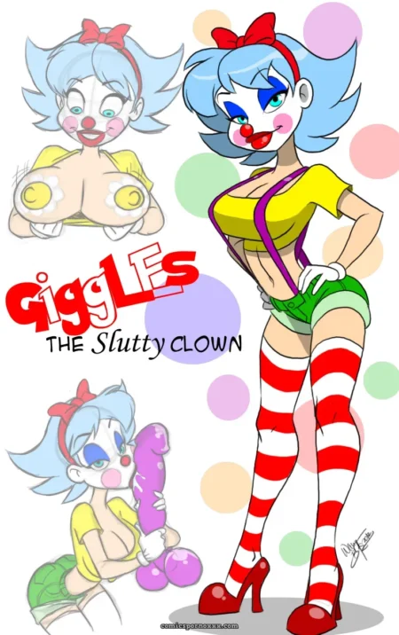 blue-haired Slutty Clown Giggles in yellow top, green shorts, red-white stockings, red heels, massive tits, purple dildo