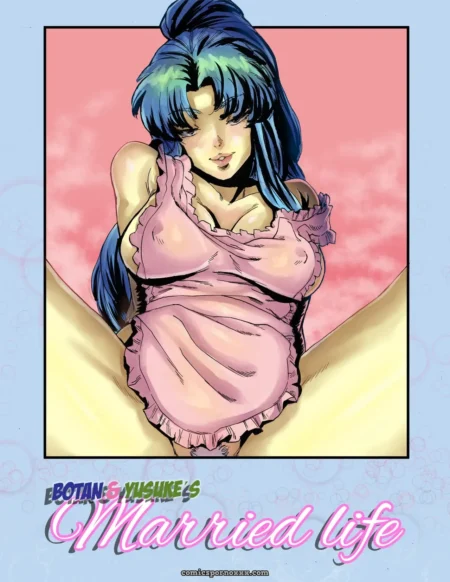 Blue-green hair, pink dress slipping off shoulders reveals large breasts spilling from ruffled neckline on yellow sheets
