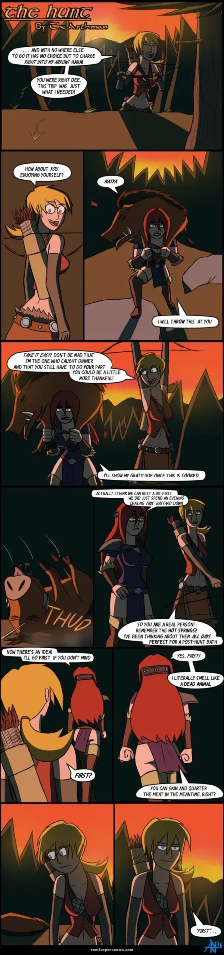 Leather-clad figures engage in whip-spanking at sunset in a forest, one's bare thighs struck by the other.