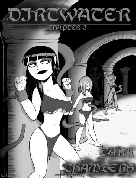 Chained woman in torn bikini, arched back, exposed tits, tail, dungeon with bound women in revealing attire.