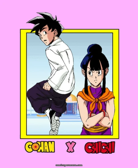 Chichi's tight purple top strains over her erect nipples as Gohan's stiff cock bulges in his pants