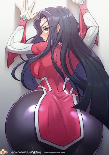 Red outfit tight on huge ass pressed against wall, long hair flowing, hands raised, fabric straining over bulging curves