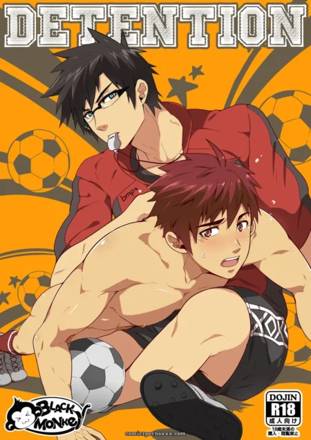 Two sweaty men in soccer gear: red-jerseyed man orally penetrates shirtless man pinned beneath him, soccer ball close.