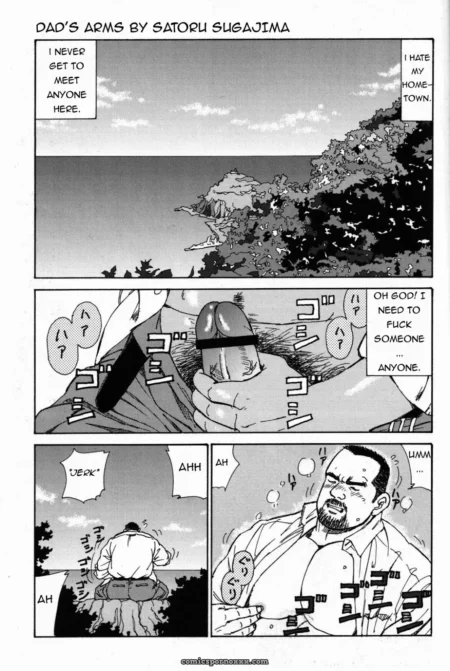 A man with large erect cock grabs shaft while fucking someone roughly outdoors near beach, sweating grunting.