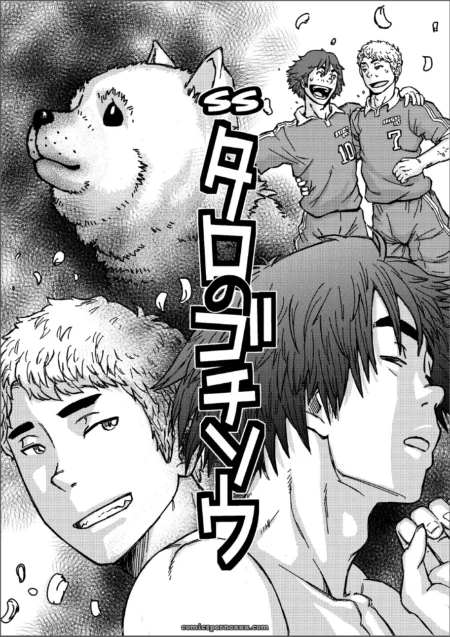 Two shirtless men with erect penises, one receiving a blowjob, while a dog and two soccer players watch in the background