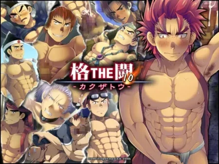 Sweaty muscular men with chiseled abs and bulging chests flex in tight underwear; pink-haired protagonist's prominent physique dominates.