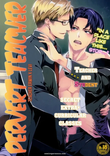 Blonde teacher in suit groping dark-haired student's bare chest through open shirt as student resists with tense expression
