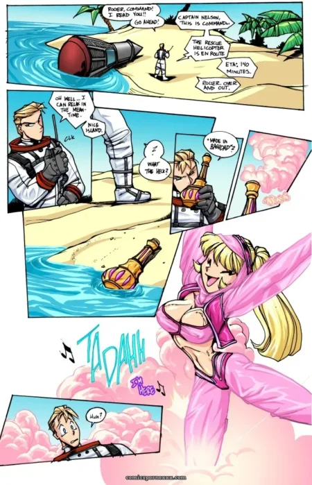 Blonde Jenny spreads pink-suited thighs wide, soaked pussy dripping on beach sand near crashed rocket