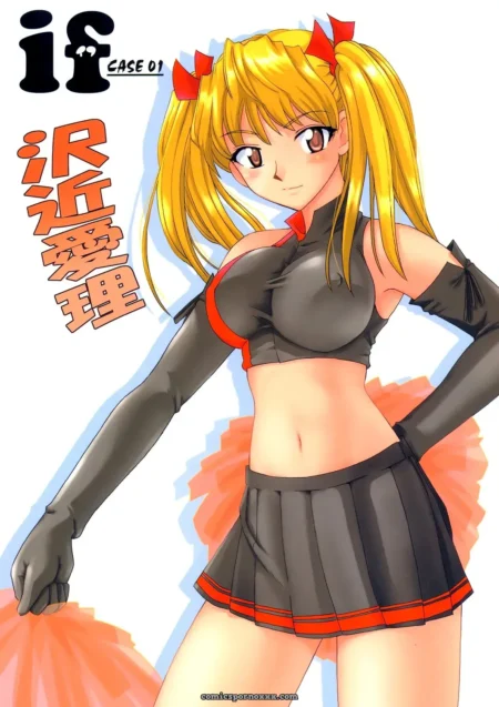 Red-bowed pigtails, black crop top squeezing breasts, tight skirt revealing thighs, long gloves holding orange pom-poms