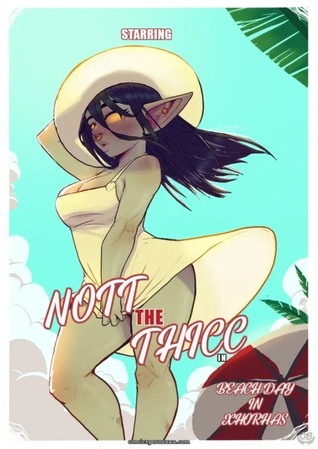 Nott the Thicc's elf curves in skimpy yellow outfit on Xhorhas beach, big breasts and ass exposed.