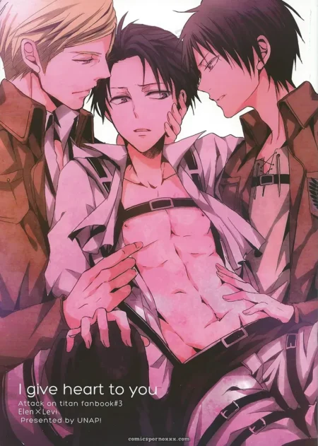 Levi and Jean fondle Eren's bare chest and abs, gripping his waist and erect nipples suggestively.