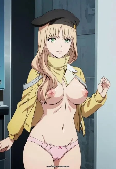 Ciel from Synduality Noir in yellow jacket and pink thong, exposed tits with hard nipples, blonde hair under beret.